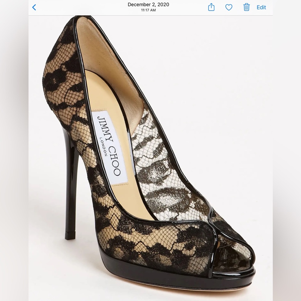 JIMMY CHOO Black Lace Peep-Toe Pump